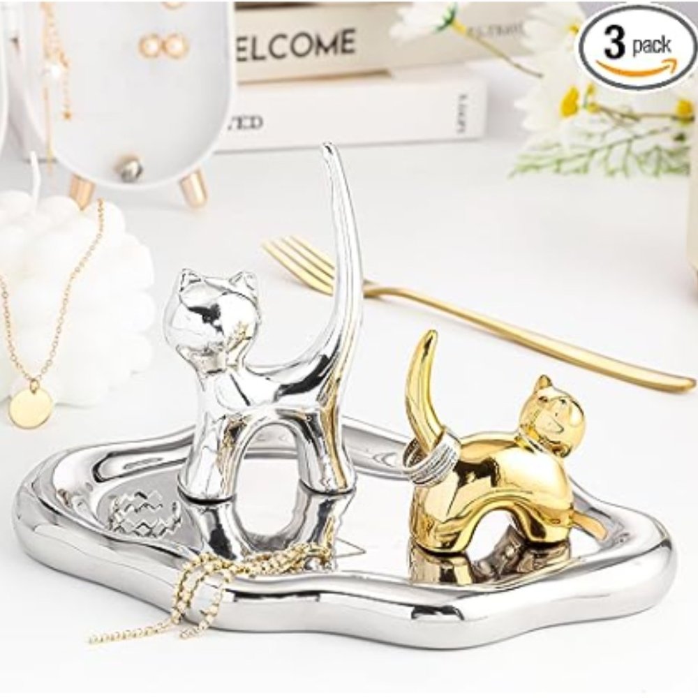 Ceramic Jewelry Cloud-Shaped Tray & 2 Removable Cat Ring Holder Set